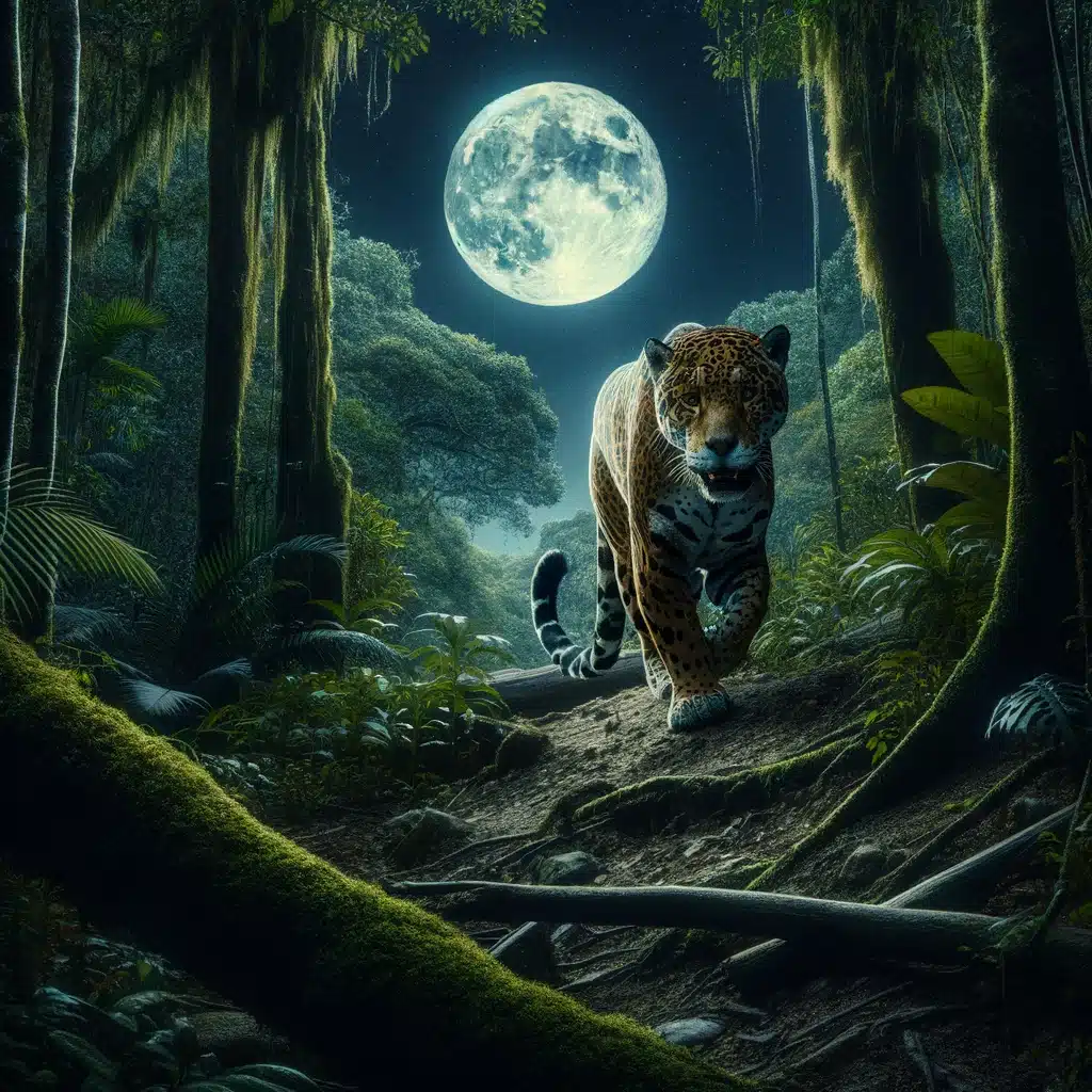 Create a more realistic and harmonious cinematic image of a nighttime scene in the Meta department of Colombia, featuring a jaguar